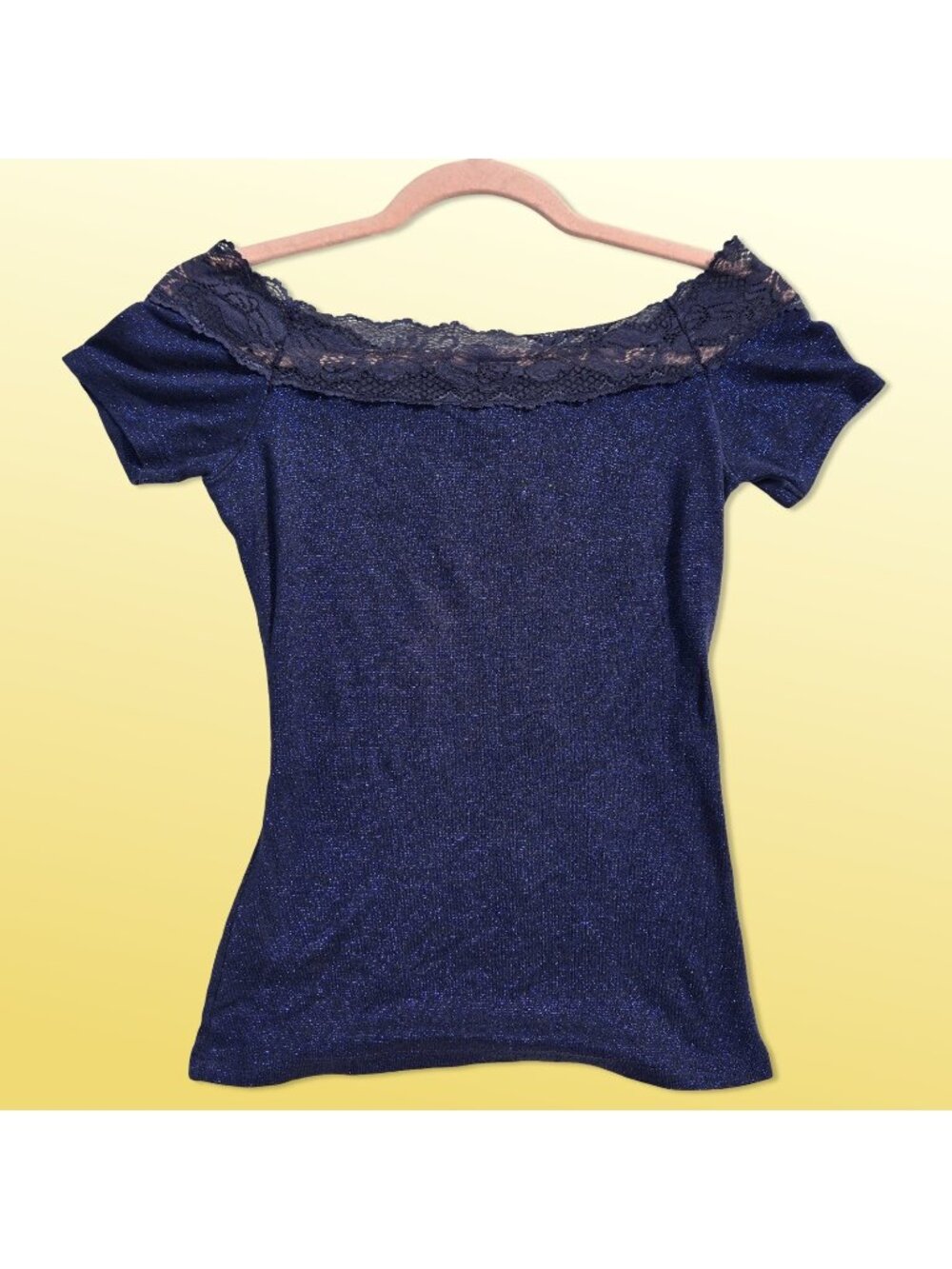 Y2K Morgan De Toi Top Size S Blue Glitter Off Shoulder Lace Trim Short Sleeve